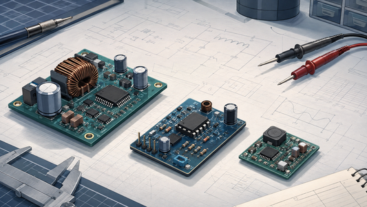 Concept illustration of three distinct power-supply boards on an engineering workbench for buck regulator selection