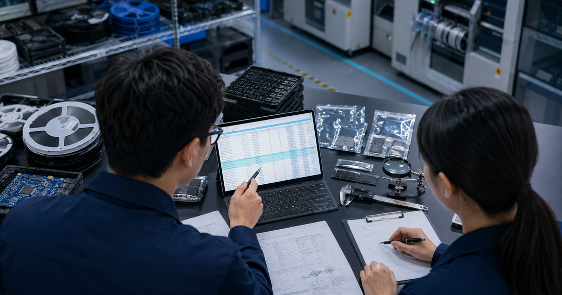 OEM and EMS procurement and engineering teams reviewing an electronic component BOM with reels, IC trays and inspection tools