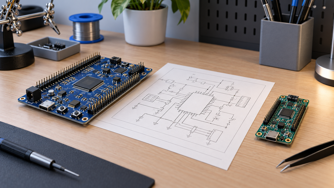 AI-generated concept illustration of two generic microcontroller boards with different layouts; not actual STM32 product photographs