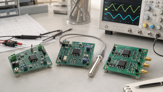 AI-generated concept illustration of generic analog circuit boards, a sensor probe and oscilloscope for op amp selection