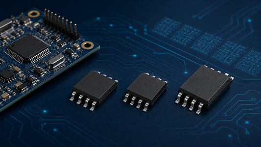 Generic QSPI NOR flash packages beside an embedded controller board for memory selection comparison