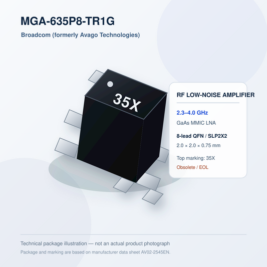 MGA-635P8-TR1G Broadcom 2.3–4 GHz RF LNA QFN-8 technical package illustration, not an actual product photograph